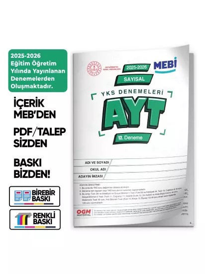 2026 YKS-AYT SAYISAL MEBİ ONLİNE Türkiye Geneli 12. Deneme Büyük Boy RENKLİ BASKI ÜCRETİ Güncel Baskı