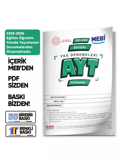 2026 YKS-AYT SAYISAL MEBİ ONLİNE Türkiye Geneli 10. Deneme Büyük Boy RENKLİ BASKI ÜCRETİ