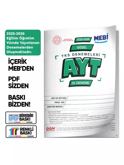 2026 YKS-AYT SÖZEL MEBİ ONLİNE Türkiye Geneli 10. Deneme Büyük Boy RENKLİ  BASKI ÜCRETİ