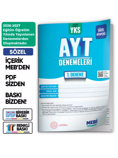 2027 YKS-AYT SÖZEL MEBİ ONLİNE Türkiye Geneli 1. Deneme  Büyük Boy RENKLİ BASKI ÜCRETİ