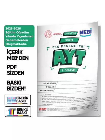 2026 ÖSYM YKS-AYT SÖZEL MEB ONLİNE Türkiye Geneli 7. Deneme Büyük Boy RENKLİ  BASKI ÜCRETİ