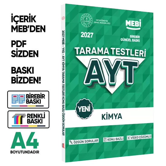 2027 YKS-AYT MEBİ-OGM Kimya Özgün Tarama Testleri Kitabı A4 Boyut Renkli Görsel BASKI ÜCRETİ