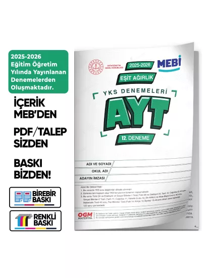 2026 YKS-AYT Eşit Ağırlık TM MEBİ ONLİNE Türkiye Geneli 12. Deneme Büyük Boy RENKLİ BASKI ÜCRETİ