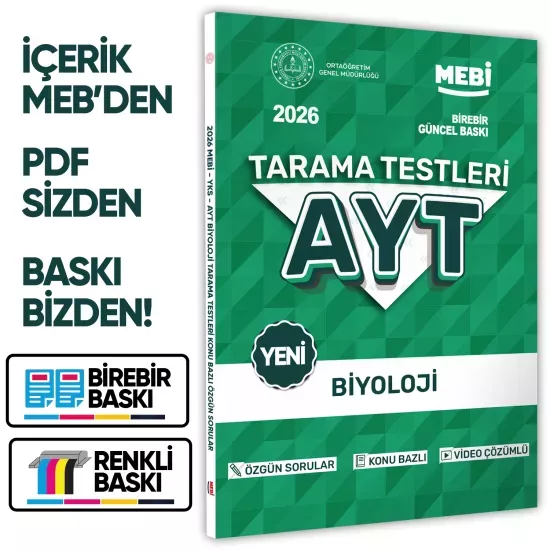 2026 YKS-AYT MEBİ-OGM Biyoloji Özgün Tarama Testleri Kitabı A4 Boyut Renkli Görsel BASKI ÜCRETİ