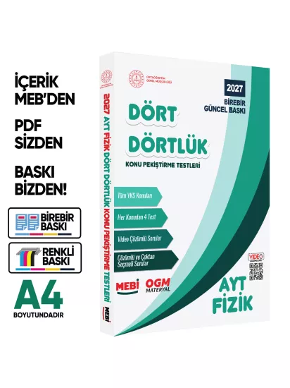 2027 YKS-AYT MEBİ-OGM Dört Dörtlük Fizik Pekiştirme Testi A4 Renkli Soru Bankası BASKI ÜCRETİ