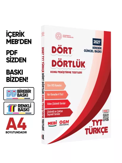 2027 YKS-TYT MEBİ-OGM Dört Dörtlük Türkçe Pekiştirme Testi A4 Renkli Soru Bankası BASKI ÜCRETİ