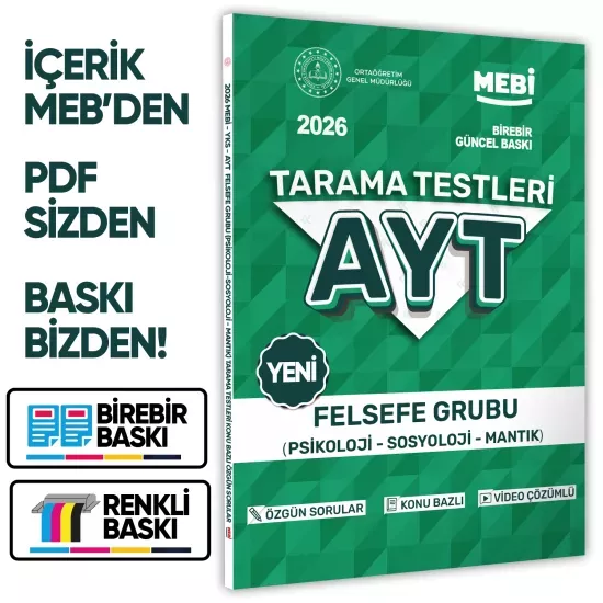 2026 YKS-AYT MEBİ-OGM Felsefe Grubu Özgün Tarama Testleri Kitabı A4 Boyut Renkli Görsel BASKI ÜCRETİ