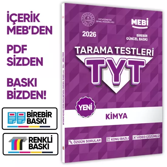 2026 YKS-TYT MEBİ-OGM Kimya Özgün Tarama Testleri Kitabı A4 Boyut Renkli Görsel BASKI ÜCRETİ