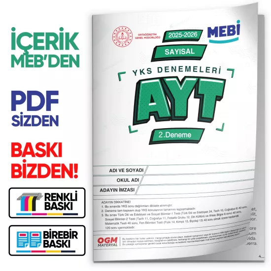 2026 YKS-AYT SAYISAL MEBİ ONLİNE Türkiye Geneli 2. Deneme Büyük Boy RENKLİ  BASKI ÜCRETİ