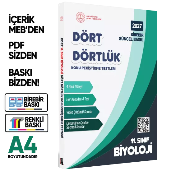 2027 MEBİ-OGM 11. Sınıf Dört Dörtlük Biyoloji Pekiştirme Testi A4 Renkli Soru Bankası BASKI ÜCRETİ