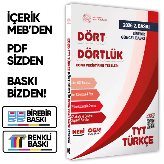 2026 YKS-TYT MEBİ-OGM Dört Dörtlük Türkçe Pekiştirme Testi A4 Renkli Soru Bankası BASKI ÜCRETİ