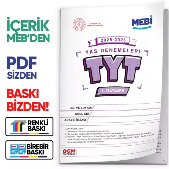 2026 ÖSYM YKS-TYT MEB ONLİNE Türkiye Geneli 1. Deneme  Büyük Boy RENKLİ BASKI ÜCRETİ