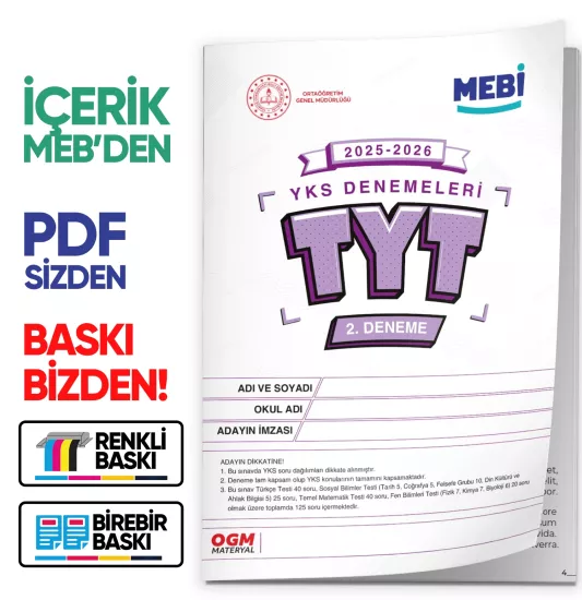 2026 ÖSYM YKS-TYT MEB ONLİNE Türkiye Geneli 2. Deneme  Büyük Boy Renkli BASKI ÜCRETİ