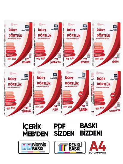 2027 YKS-TYT MEBİ-OGM Dört Dörtlük Pekiştirme Testi Soru Bankası Çözümlü Set BASKI ÜCRETİ A4 Renkli