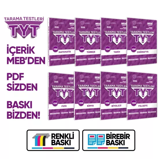 2026 YKS-TYT MEBİ-OGM 8li Tüm Dersler Özgün Tarama Test Kitabı A4 Boyut Renkli Görsel BASKI ÜCRETİ