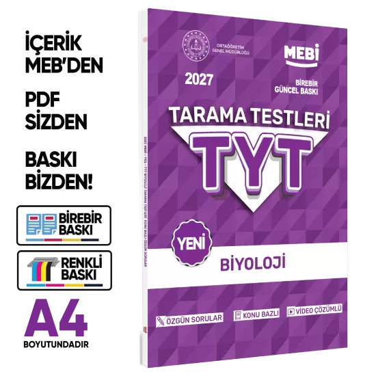 2027 YKS-TYT MEBİ-OGM Biyoloji Özgün Tarama Testleri Kitabı A4 Boyut Renkli Görsel BASKI ÜCRETİ