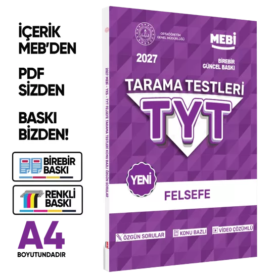 2027 YKS-TYT MEBİ-OGM Felsefe Özgün Tarama Testleri Kitabı A4 Boyut Renkli Görsel BASKI ÜCRETİ