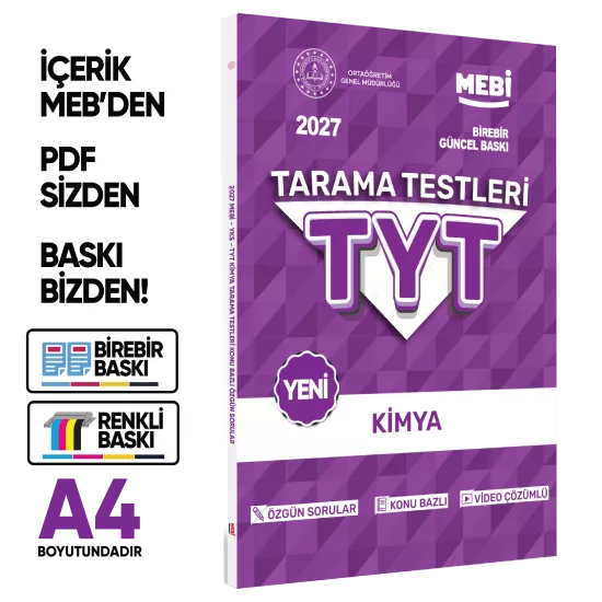 2027 YKS-TYT MEBİ-OGM Kimya Özgün Tarama Testleri Kitabı A4 Boyut Renkli Görsel BASKI ÜCRETİ