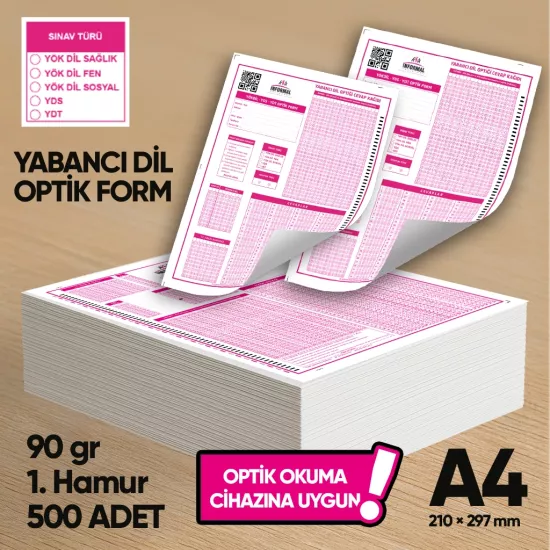Yabancı Dil (YÖKDİL, YDS ve YDT) Deneme Sınavları İçin 500 Adet (90.GR) Optik Form - Optik Okuma Uyumlu