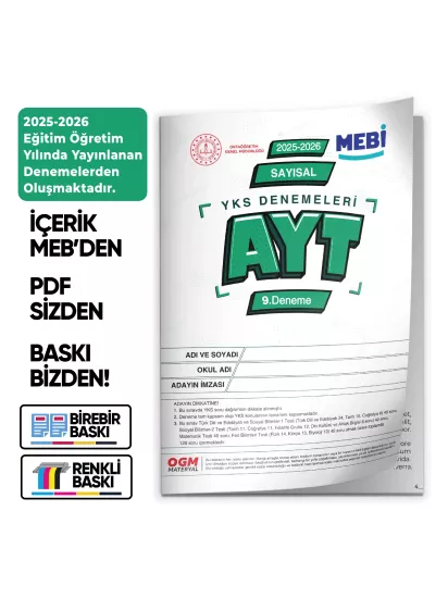 2026 ÖSYM YKS-AYT SAYISAL MEB ONLİNE Türkiye Geneli 9. Deneme Büyük Boy RENKLİ BASKI ÜCRETİ