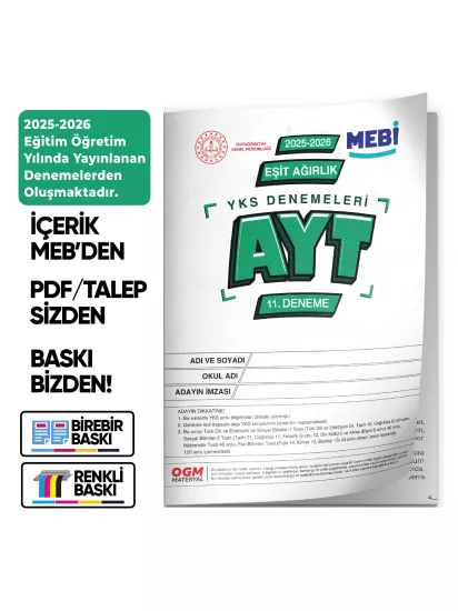 2026 YKS-AYT Eşit Ağırlık TM MEBİ ONLİNE Türkiye Geneli 11. Deneme Büyük Boy RENKLİ BASKI ÜCRETİ