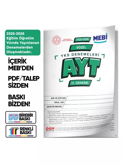 2026 YKS-AYT SÖZEL MEBİ ONLİNE Türkiye Geneli 11. Deneme Büyük Boy RENKLİ BASKI ÜCRETİ Güncel Baskı
