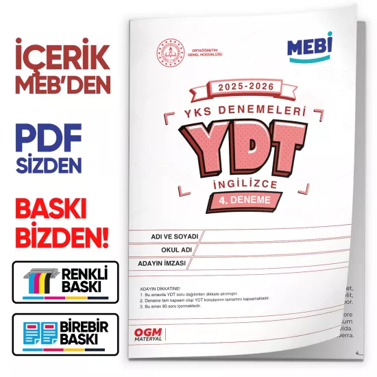 2026 ÖSYM YKS-YDT MEBİ OGM  Türkiye Geneli 4. Deneme  Büyük Boy Renkli BASKI ÜCRETİ