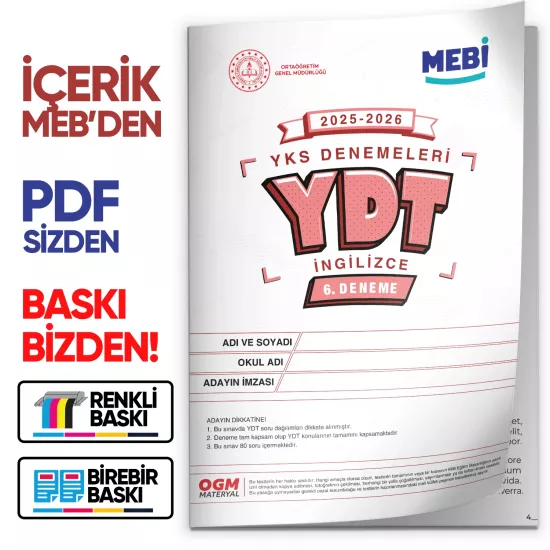 2026 ÖSYM YKS-YDT MEBİ OGM  Türkiye Geneli 6. Deneme  Büyük Boy Renkli BASKI ÜCRETİ