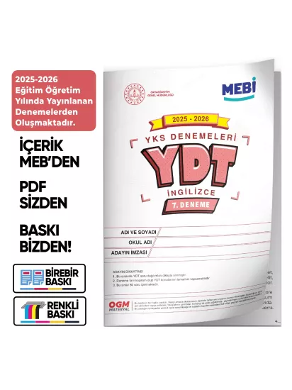 2026 ÖSYM YKS-YDT MEBİ OGM  Türkiye Geneli 7. Deneme  Büyük Boy Renkli BASKI ÜCRETİ