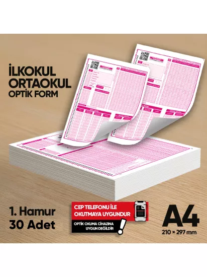 İlkokul-Ortaokul Deneme Sınavları İçin 30 Adet Optik Form