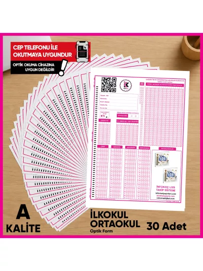 İlkokul-Ortaokul Deneme Sınavları İçin 30 Adet Optik Form