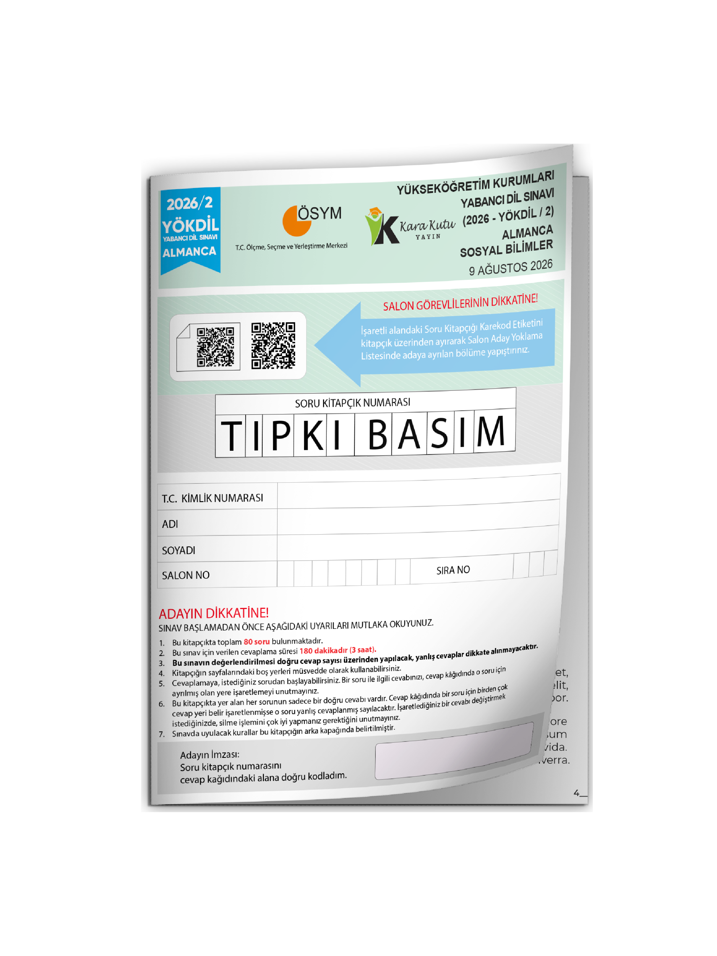 2026/2 YÖKDİL Almanca Sosyal Bilimler ÖSYM Çıkmış Soru Tıpkı Basım Deneme Kitapçığı Türkiye Geneli
