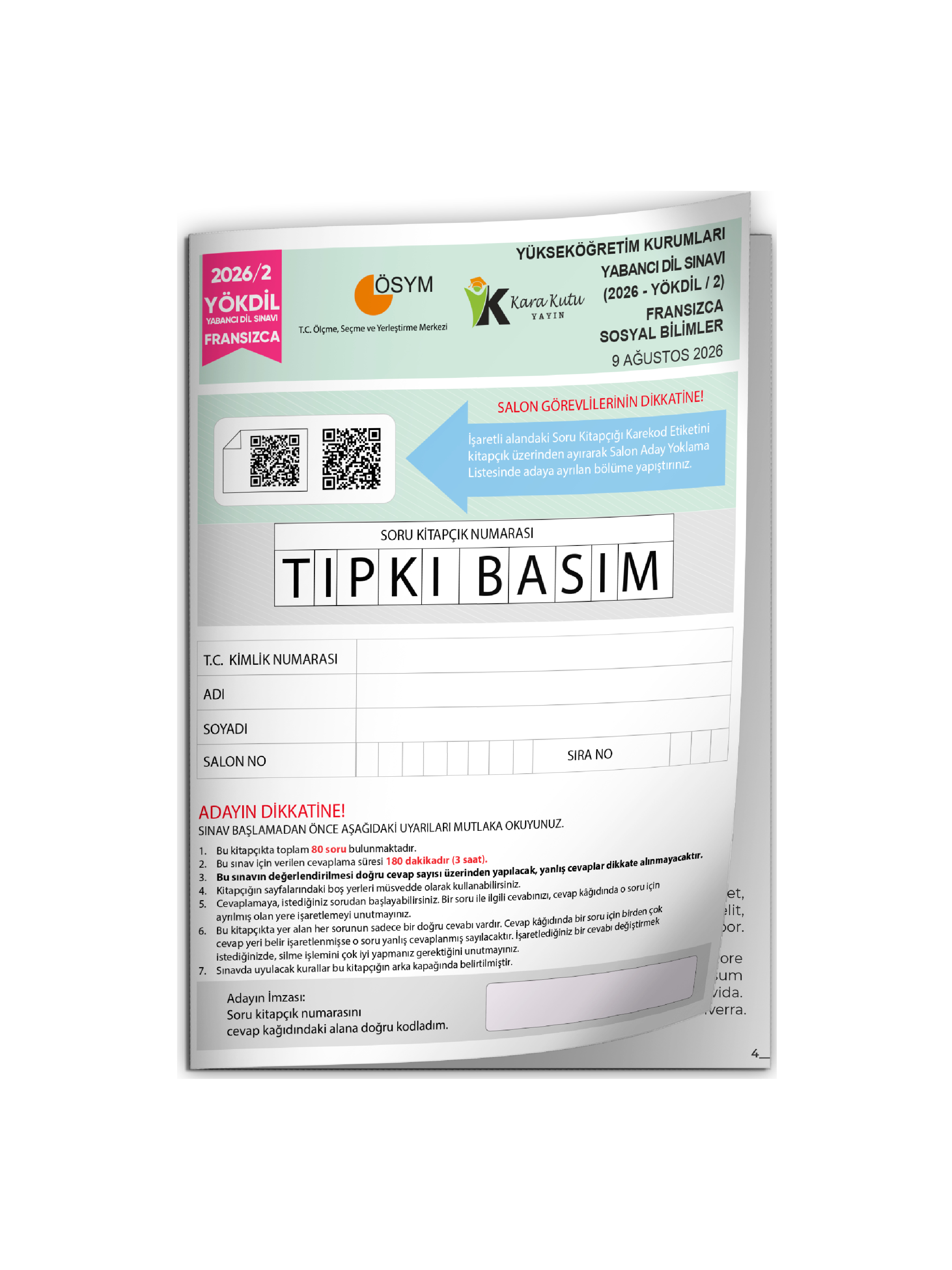2026/2 YÖKDİL Fransızca SOSYAL Bilimler ÖSYM Çıkmış Soru Tıpkı Basım Deneme Kitapçığı Türkiye Geneli
