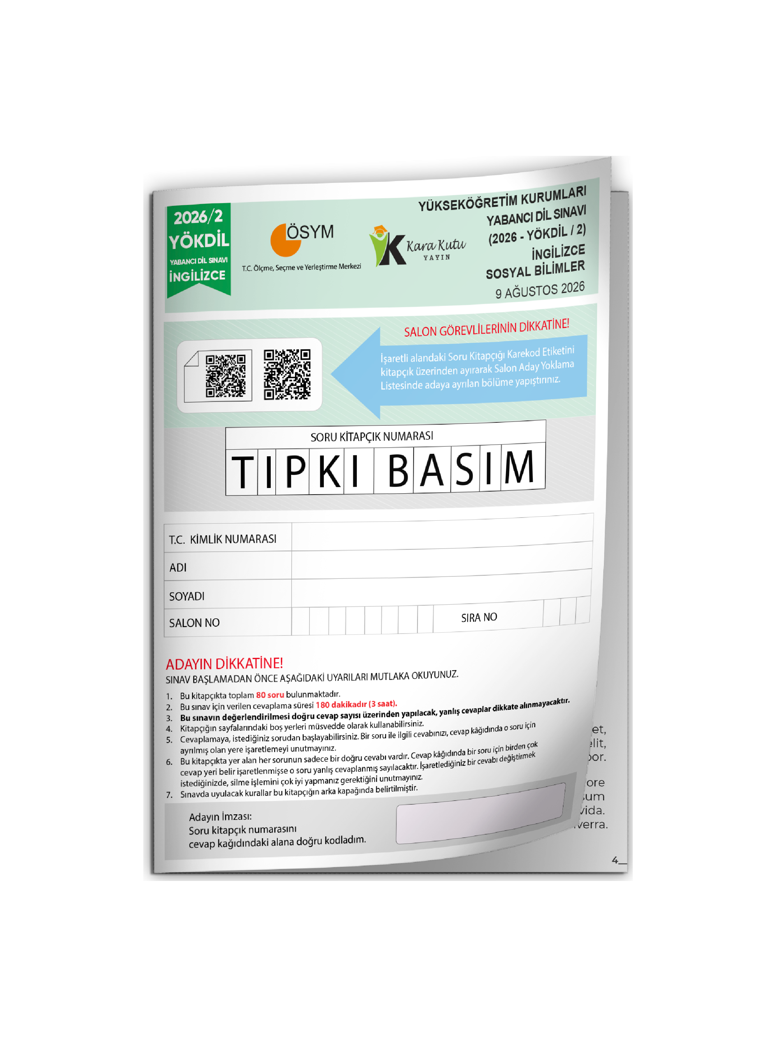 2026/2 YÖKDİL İngilizce SOSYAL BİLİMLER ÖSYM Çıkmış Soru Tıpkı Basım Deneme Kitapçığı Türkiye Geneli