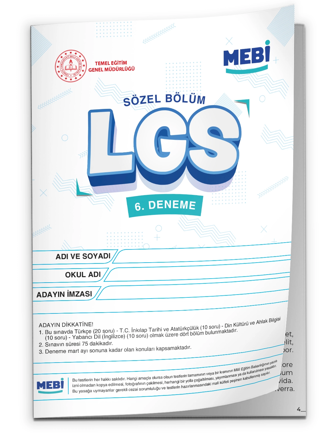 2026 LGS 8.Sınıf MEB ONLİNE Türkiye Geneli 6. Deneme (Sayısal–Sözel) Büyük Boy Renkli BASKI ÜCRETİ