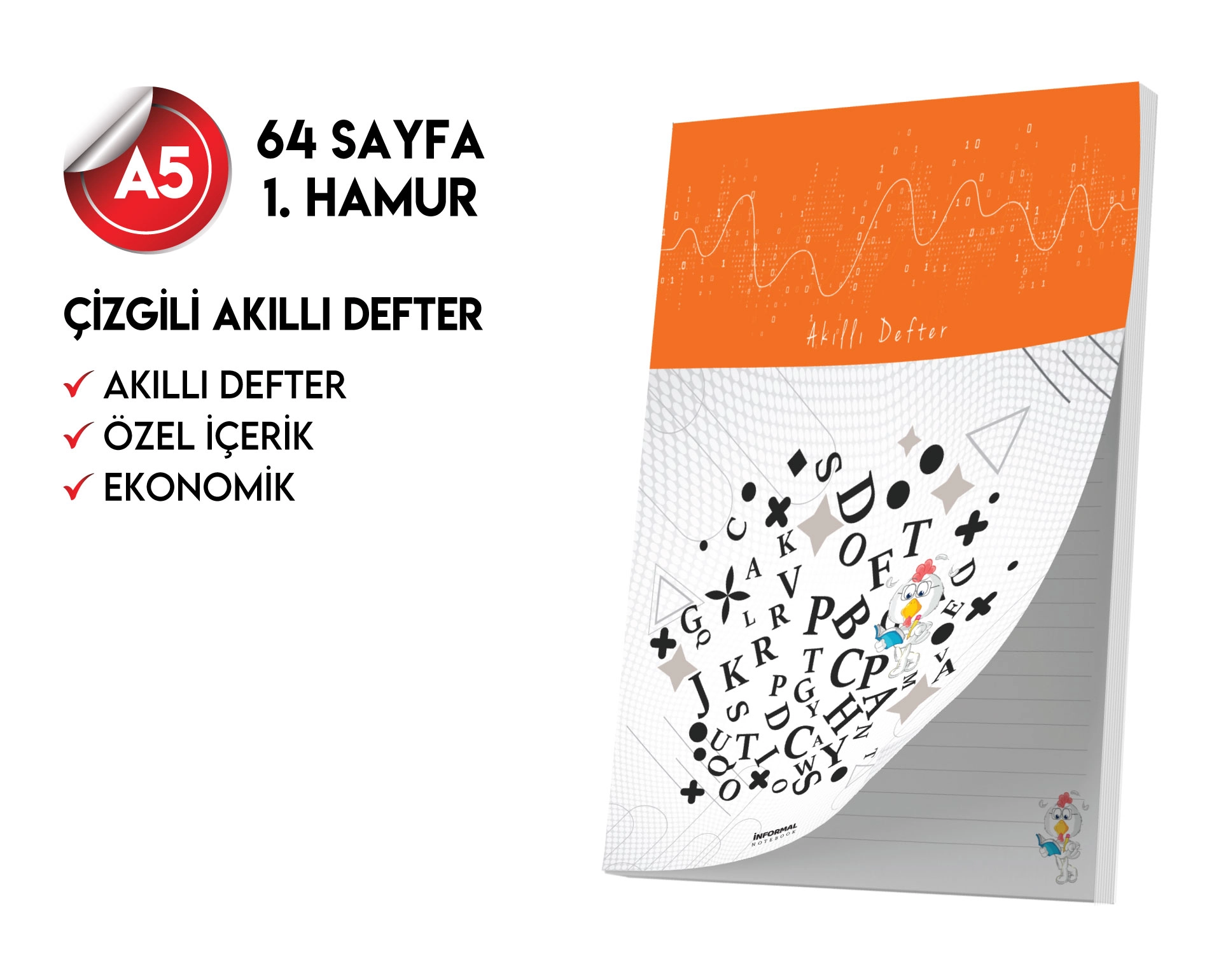 Çizgili Not Defteri 64 Sayfa Akıllı Defter Tekli A5 Tam Beyaz Tekli