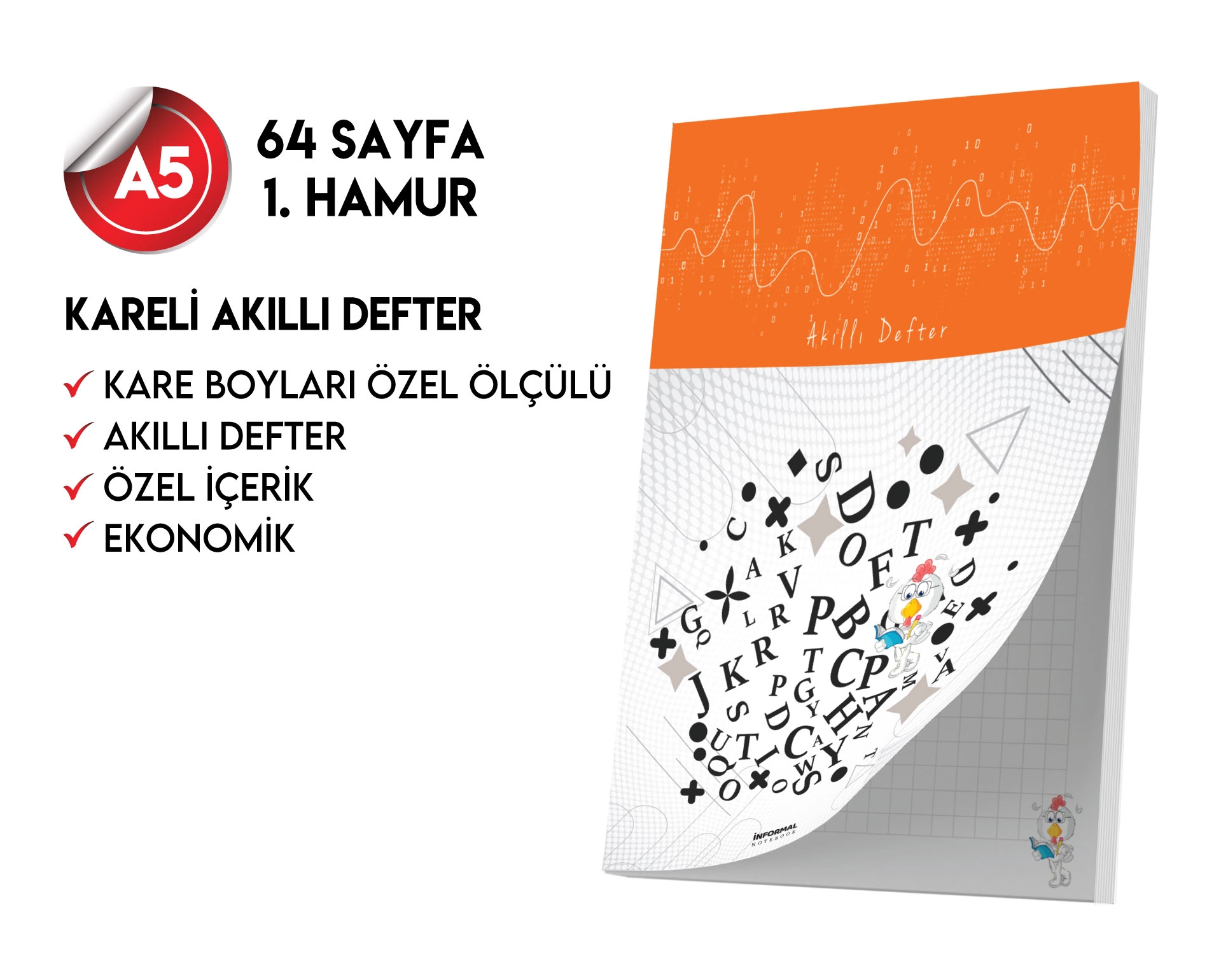 Kareli Not Defteri 64 Sayfa Akıllı Defter Tekli A5 Tam Beyaz Tekli