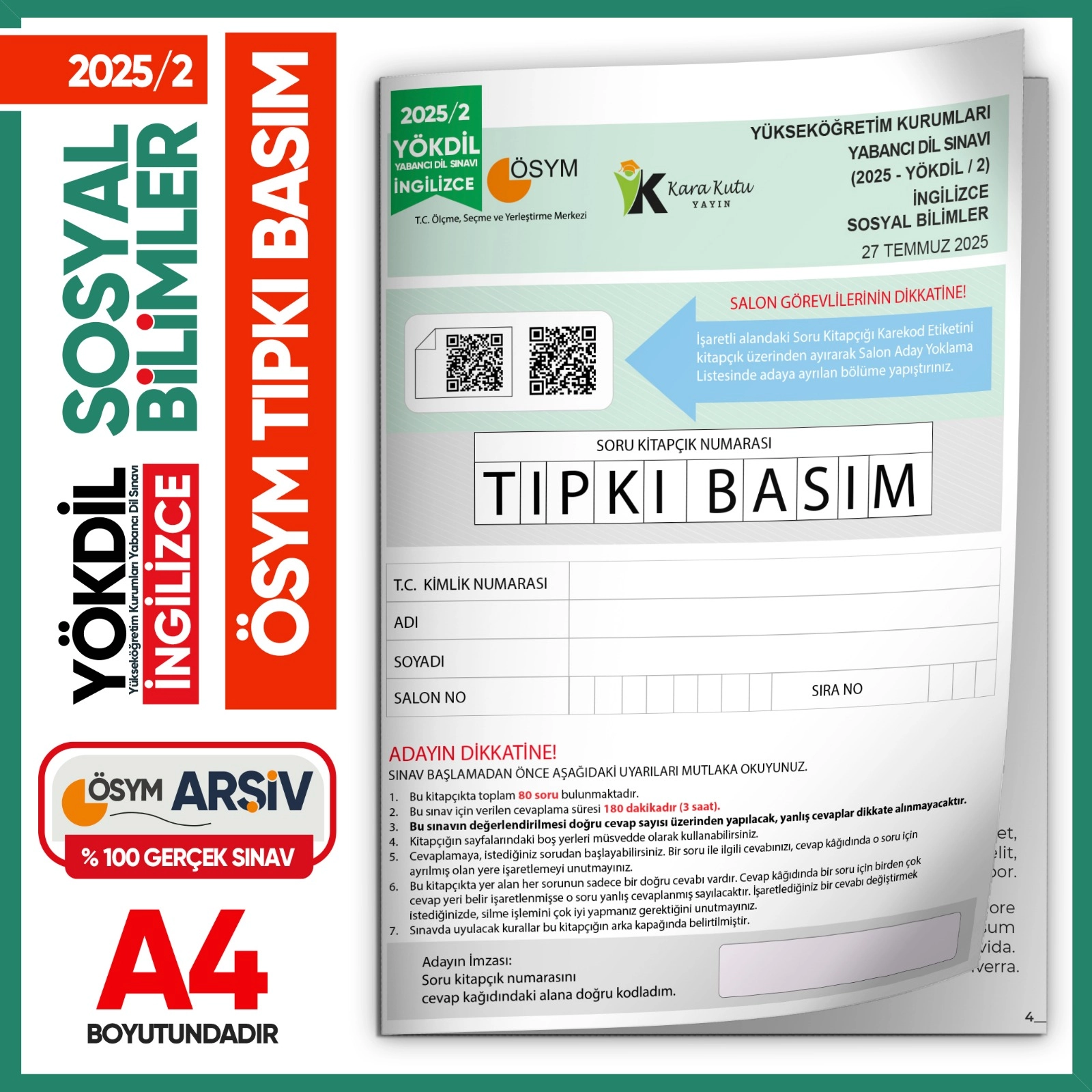 2025/2 YÖKDİL İngilizce SOSYAL Bilimler ÖSYM Çıkmış Soru Tıpkı Basım Deneme Kitapçığı Türkiye Geneli