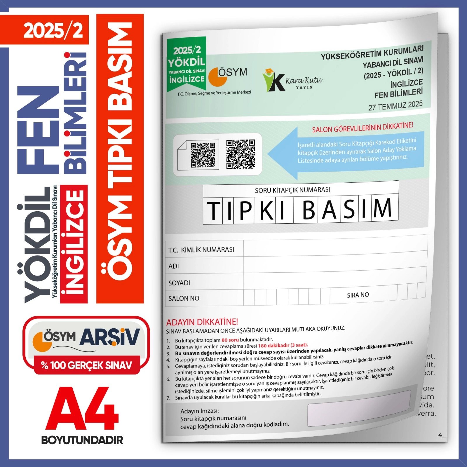 2025/2 YÖKDİL İngilizce FEN BİLİMLERİ ÖSYM Çıkmış Soru Tıpkı Basım Deneme Kitapçığı Türkiye Geneli