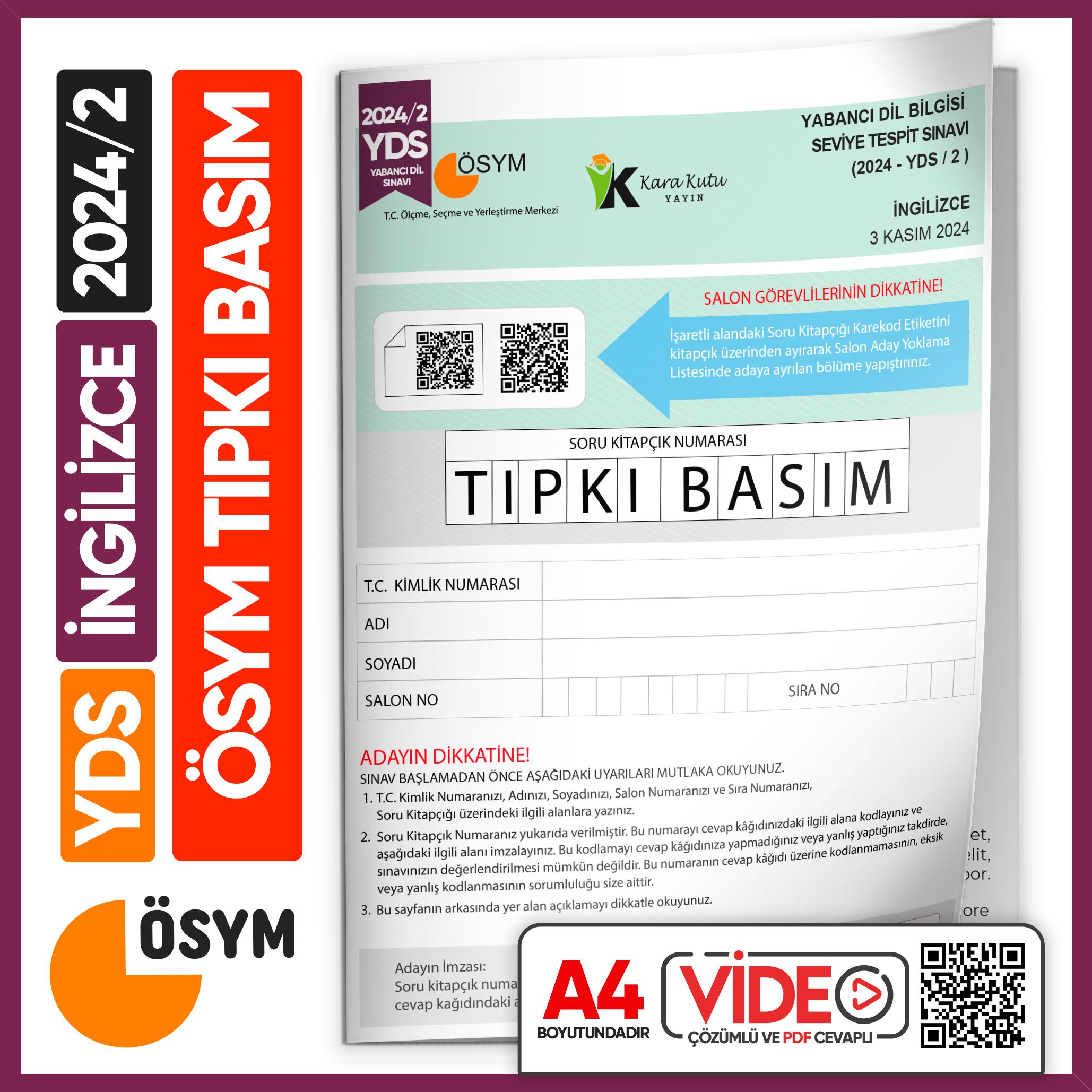 YDS 2024/2 ÖSYM Tıpkı Basım Çıkmış Soru Deneme Kitapçığı Yeni Baskı Video Çözümlü Türkiye Geneli