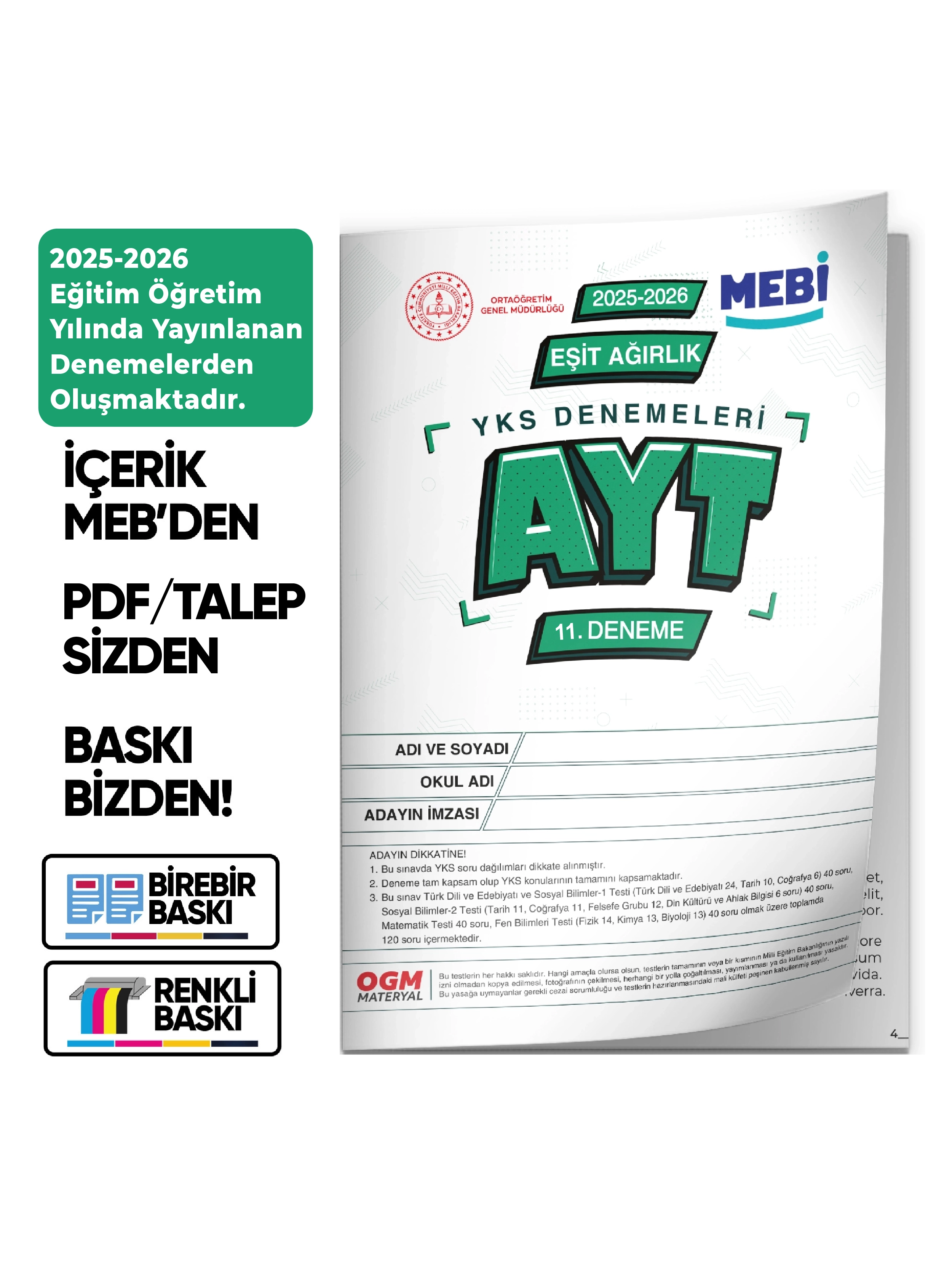 2026 YKS-AYT MEBİ OGM EŞİT AĞIRLIK Güncel Seri Online Deneme 12li SET BASKI ÜCRETİ