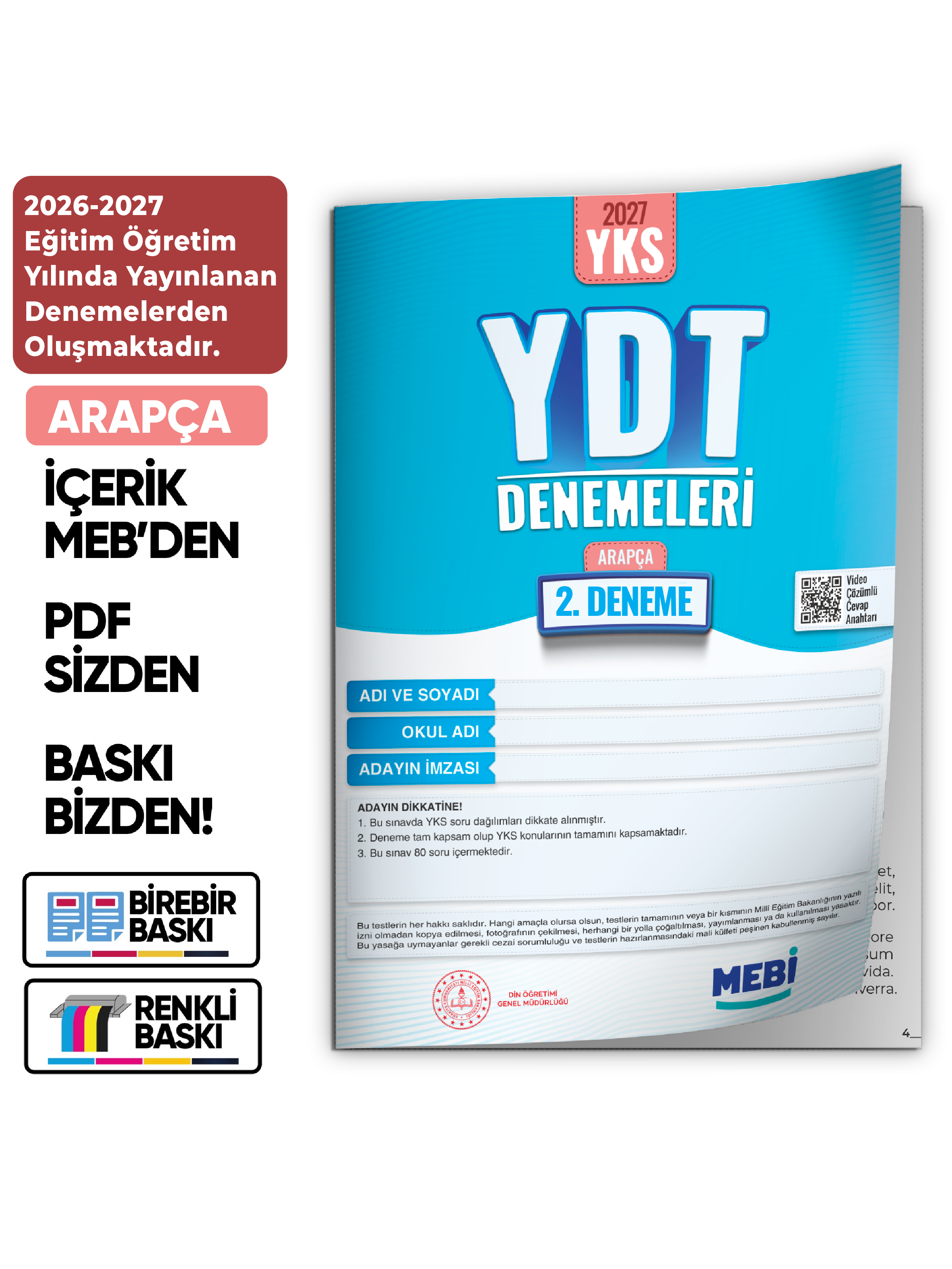 2027 YDT ARAPÇA MEBi-OGM ONLİNE Türkiye Geneli 2. Deneme Büyük Boy RENKLİ BASKI ÜCRETİ