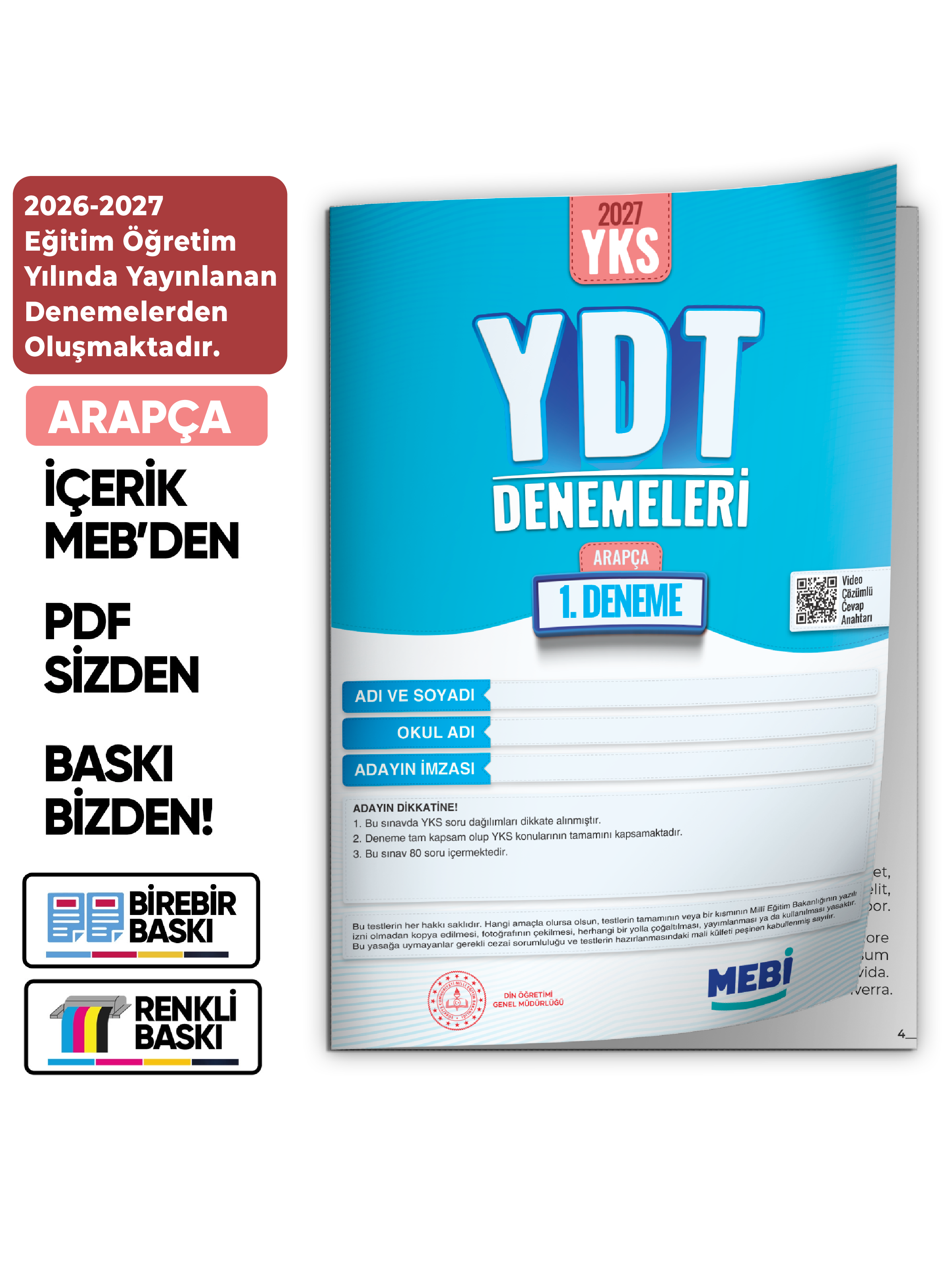 2027 YDT ARAPÇA MEBi-OGM ONLİNE Türkiye Geneli 1. Deneme Büyük Boy RENKLİ BASKI ÜCRETİ