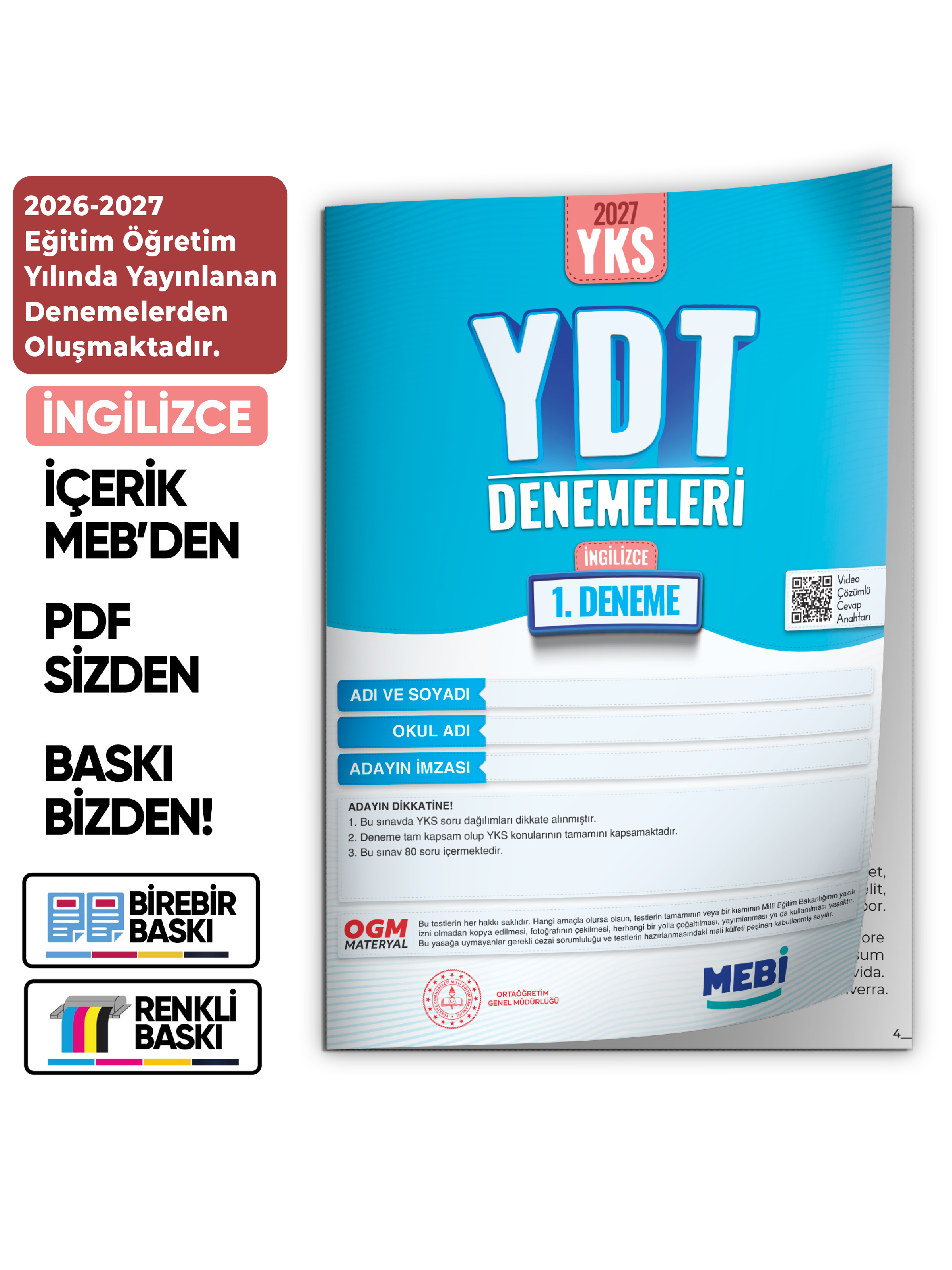 2027 YDT İNGİLİZCE MEBi-OGM ONLİNE Türkiye Geneli 1. Deneme Büyük Boy RENKLİ BASKI ÜCRETİ