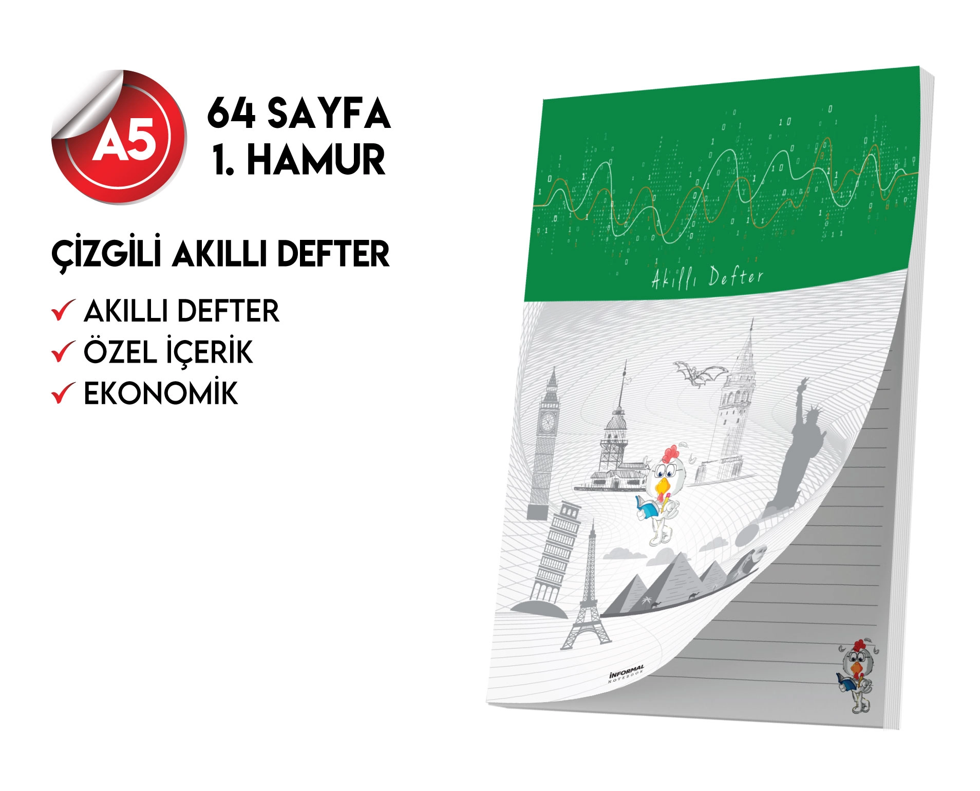 Çizgili Not Defteri 64 Sayfa Akıllı Defter Tekli A5 Tam Beyaz Tekli