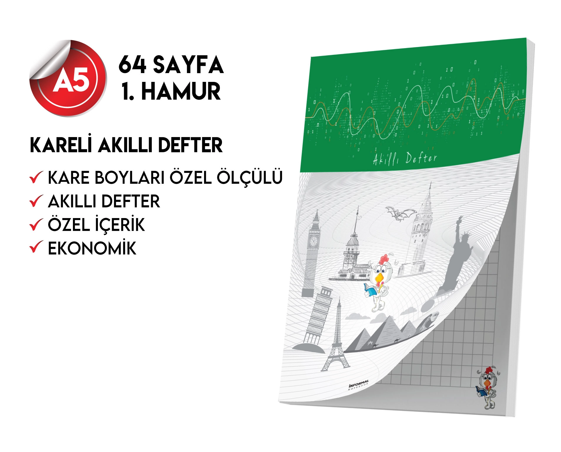 Kareli Not Defteri 64 Sayfa Akıllı Defter Tekli A5 Tam Beyaz Tekli